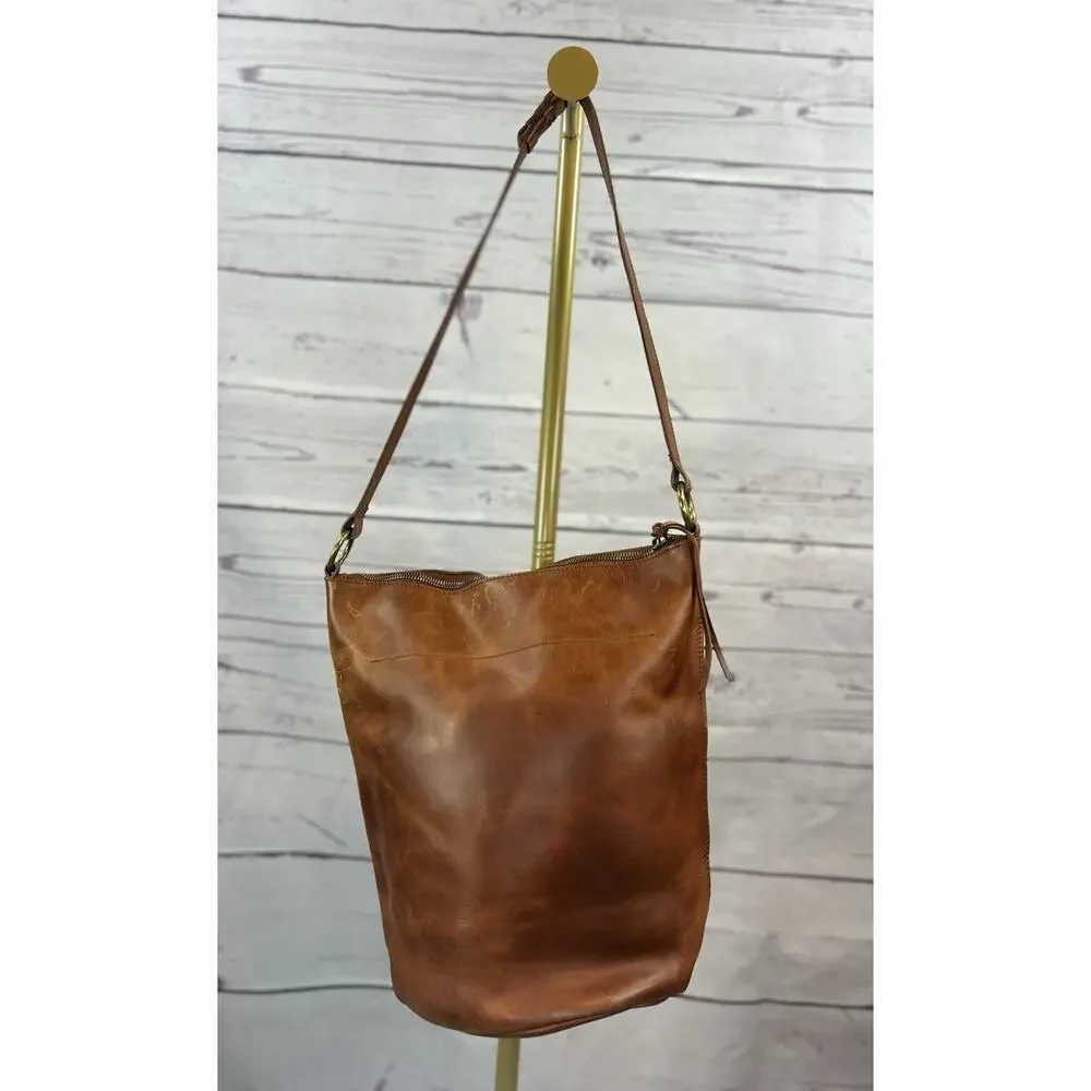Madewell Leather Zip Top Bucket Tote Bag Brown Shoulder Bag